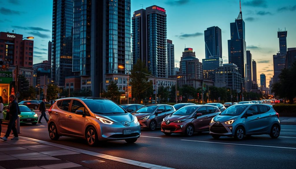 A bustling cityscape at dusk, electric vehicles of various sleek designs and vibrant colors dotting the streets. In the foreground, a modern compact electric car with clean, aerodynamic lines glides silently past pedestrians on the sidewalk. The middle ground showcases a mix of eco-friendly hatchbacks and compact sedans, their futuristic exteriors reflecting the warm glow of streetlamps. In the background, the skyline is punctuated by towering high-rises, their windows alight, suggesting a thriving urban environment powered by sustainable transportation. The scene conveys a sense of urban progress, efficiency, and environmental responsibility, setting the stage for the introduction to electric city cars.