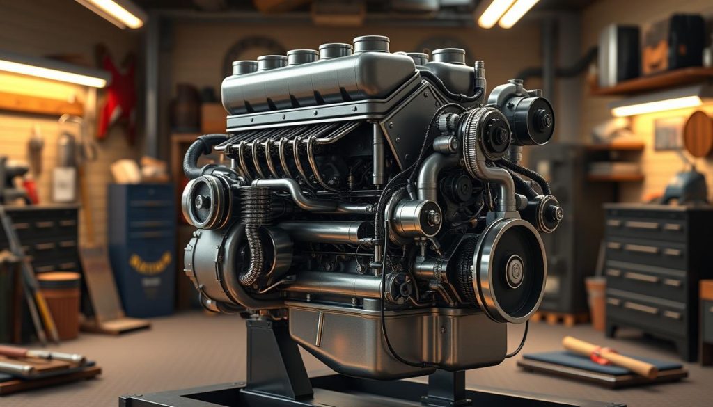 A detailed, high-resolution 3D rendering of the introduction to V8 engines in European automotive history. The central focus is a cutaway diagram of a classic V8 engine, showcasing its internal components and construction in stunning detail. The background fades into a softly lit garage setting, complete with period-accurate tools and equipment, conveying a sense of technical expertise and automotive craftsmanship. The lighting is warm and directional, creating depth and highlighting the intricate mechanical details. The overall mood is one of reverence and appreciation for the engineering legacy of the V8 engine.