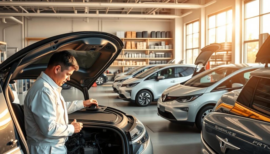 A modern electric car service center, illuminated by warm, natural lighting flooding through large windows. In the foreground, a technician in a clean uniform carefully inspects the internal components of an electric vehicle, surrounded by specialized tools and equipment. In the middle ground, several electric cars of various makes and models are parked, undergoing diagnostics and maintenance. The background features shelves stocked with genuine spare parts and accessories, conveying the comprehensive service capabilities of this facility. An atmosphere of precision, efficiency, and environmental responsibility permeates the scene.