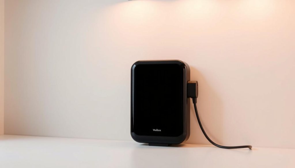 A sleek, modern Wallbox electric vehicle charging station prominently displayed against a clean, minimalist background. The device is positioned in the foreground, showcasing its streamlined design with smooth edges and a glossy, high-quality finish. The mid-ground features a simple, neutral-toned backdrop, allowing the Wallbox to be the focal point. Subtle lighting from above casts a warm, inviting glow, highlighting the device's premium materials and attention to detail. The overall scene conveys a sense of sophistication, functionality, and the effortless integration of electric vehicle charging technology into the modern home environment.