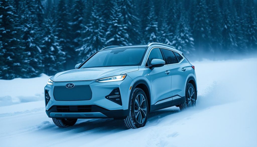 A snowy, winter landscape with a plug-in hybrid SUV navigating through the icy conditions. The SUV is prominently featured in the middle ground, its sleek, aerodynamic design contrasting with the snow-covered terrain. In the background, a dense forest of evergreen trees adds depth and a sense of seclusion. The scene is bathed in a cool, blue-tinted light, creating a serene and tranquil atmosphere. The SUV's headlights pierce through the snowfall, illuminating the path ahead. The image conveys the challenges and capabilities of a plug-in hybrid SUV in harsh, wintry environments.