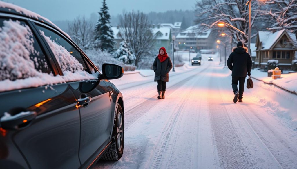 A wintry road scene, lit by soft, warm lighting that casts a cozy glow. In the foreground, a well-maintained car with snow-cleared windows, tires equipped with high-quality winter treads. The middle ground features pedestrians bundled up in cold-weather gear, carefully navigating the snowy path. In the background, a picturesque winter landscape with snow-covered trees and buildings. The overall atmosphere conveys the importance of proper vehicle preparation and road safety during the winter season.