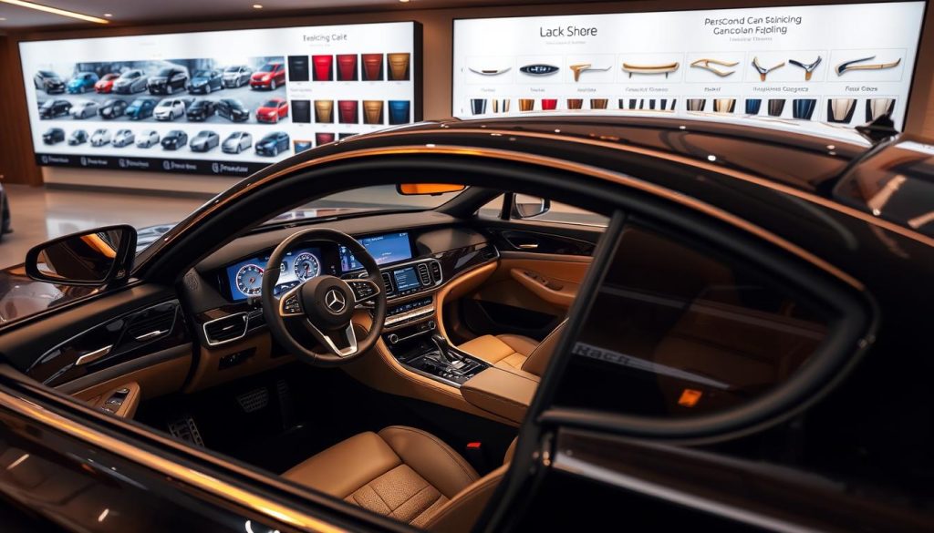 An elegant luxury sedan parked in a sleek, modern showroom, its interior illuminated by warm, soft lighting. The dashboard and steering wheel are customized with premium leather and brushed metal accents, while the seats feature intricate stitching patterns. In the background, a large display showcases various personalization options, from exterior paint colors to bespoke trim pieces. The scene conveys a sense of exclusivity and craftsmanship, inviting the viewer to imagine the process of tailoring this vehicle to their unique preferences.
